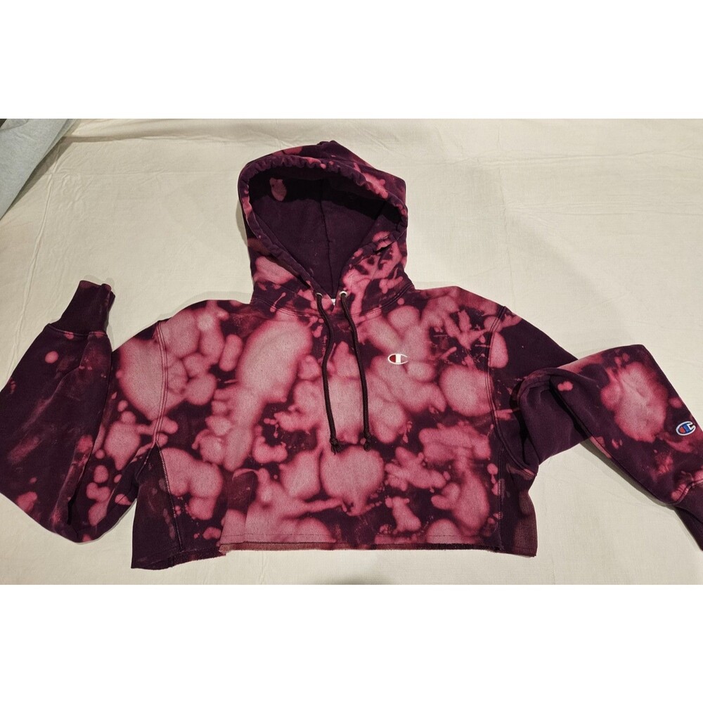 Champion Reverse Weave Tie Dye Pullover Hoodie Purple Pink Medium Women Crop Top